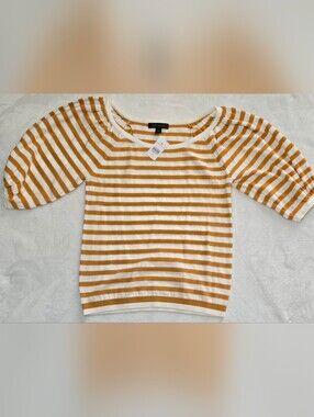 Ann Taylor Pumpkin Orange White Strioes Half Lantern Sleeve Boatneck Sweater XS
